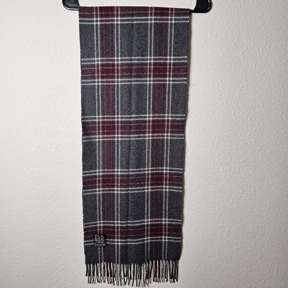 Jos A. Bank Gray And Wine Red 100% Cashmere Scarf With Fringe NWOT
